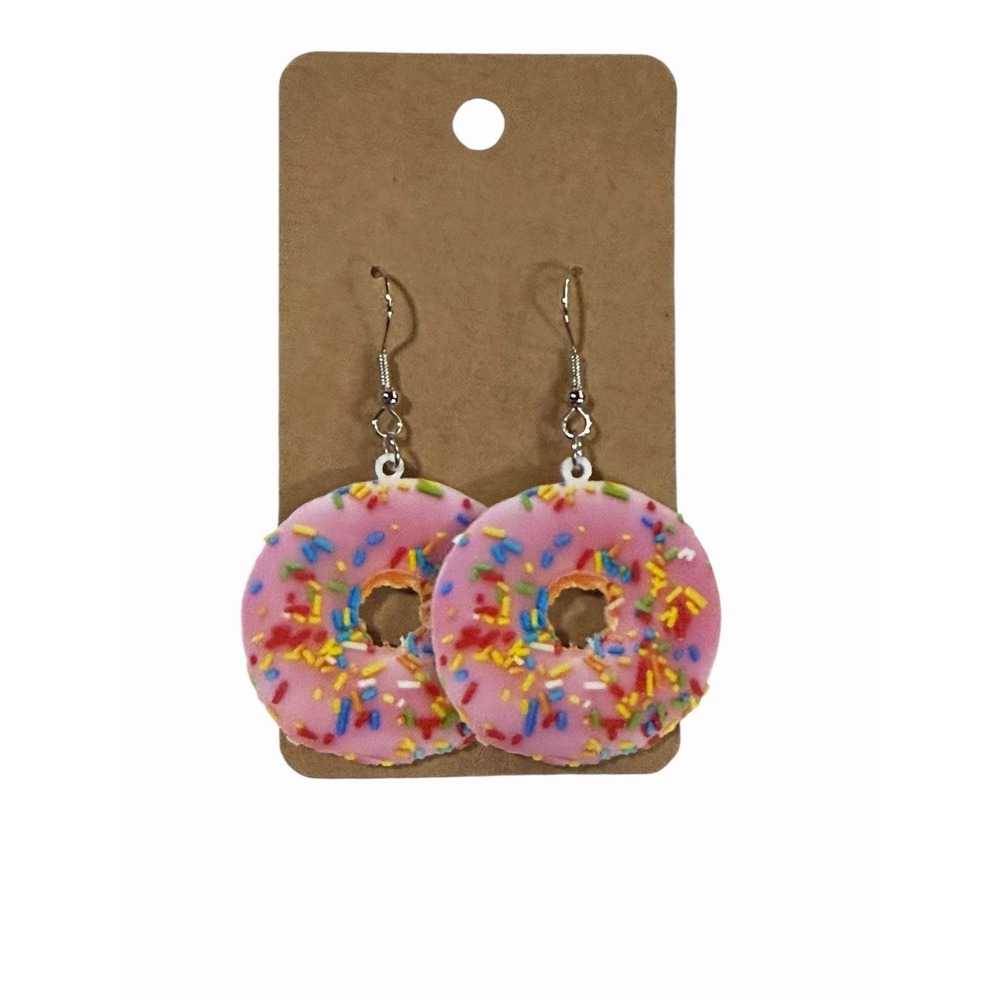 Pink Frosted Donut Dangle Earrings Rainbow Sprinkles Foodie Jewelry Kitsch